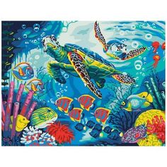 a painting of two sea turtles swimming in the ocean with corals and fish around them