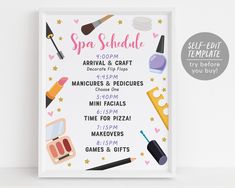 the spa schedule is displayed in front of a white background with pink and yellow accents