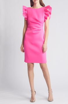 Decadent ruffles bring dramatic volume to the sleeves of a revamped sheath dress shaped with comfortable stretch and artful ruching at the hip. 39" length (size 8) Hidden back-zip closure Bateau neck Cap sleeves Unlined 95% polyester, 5% spandex Dry clean Imported Spring Structured Dresses, Chic Ruffled Elastane Dress, Pink Fitted Dress With Ruffle Sleeves, Stretch Dress With Ruffle Sleeves, Fitted Ruffle Sleeve Cocktail Dress, Pink Fitted Dress With Pleated Sleeves, Fitted Cocktail Dress With Ruffle Sleeves, Pink Ruched Dress With Ruffle Sleeves, Formal Ruffle Sleeve Stretch Dress