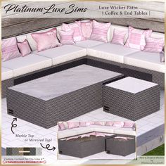 an advertisement for a patio furniture set with pink and white pillows on the couches