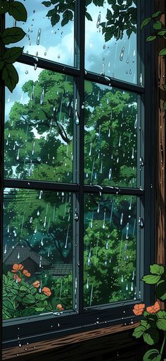 an open window with rain falling from it