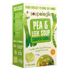 a box of soup that contains peas, leeks and sugar cubes in it