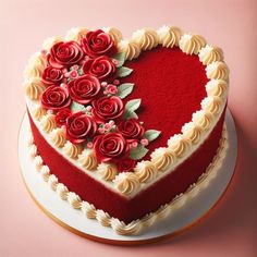 a heart shaped cake with roses on top