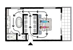 an overhead view of a bathroom and bedroom with the floor plan drawn out to show how much space it has