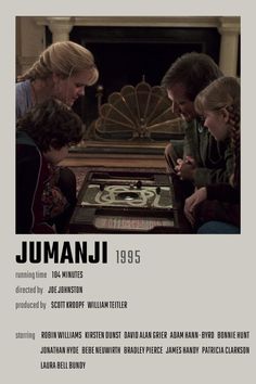 the movie poster for jumanj is shown with three people looking at an object