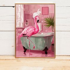 a pink flamingo standing in a bathtub next to a potted plant