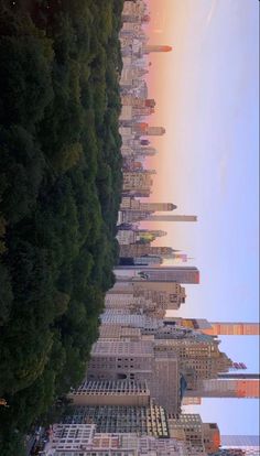 a long line of buildings with trees in the foreground