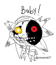 a drawing of an animal with the words baby on it's face and two yellow eyes