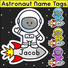 an astronaut name tag with stickers for kids to use on their outer space theme