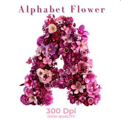 the alphabet is made up of flowers and has an uppercase letter in it's center