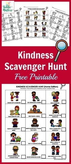 a printable scavenger hunt for kids with pictures on it and the words, kindness