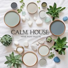 the words calm house are surrounded by various potted plants and rocks on a white sheet