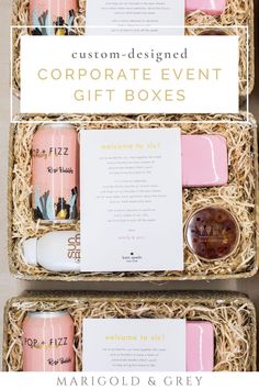 two pink and white boxes filled with personalized items for corporate event giftboxes