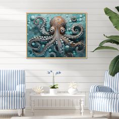 an octopus painting hanging on the wall in a living room with blue striped chairs and a white coffee table