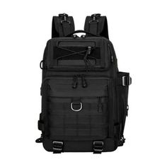 a black backpack with two straps on the front and one strap down to the back