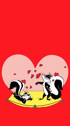 two skunks in front of a heart on a red background