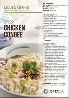 the recipe for chicken congee is shown in this brochure, with information about it