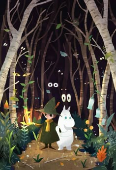 an illustration of two people in the woods at night