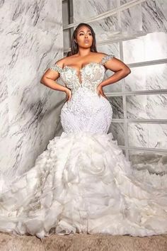 Stunning Off-the-Shoulder Mermaid Wedding Dress Lace Appliques With Ruffle-Ballbella Curvy Wedding Dress Mermaid, Dream Wedding Dresses Black Women, Mermaid Wedding Dress With Ruffles, Swarovski Dress, Famous Wedding Dresses, Black Weddings, Plus Size Bridal Gowns, Black Brides, Weddings Dress