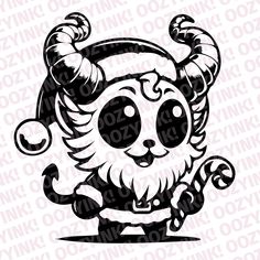 a black and white image of a cartoon character with horns on it's head