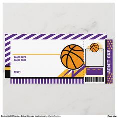 a basketball ticket with an image of a ball on the front and purple stripes around it