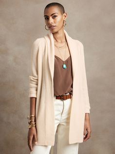 Wrap up in luxury with this chunky robe.  Crafted from ultra plush cashmere with open stitch construction for warmer temperatures, this shawl collar style offers sumptuous comfort with side pockets so your hands stay cozy, too.  RELAXED FIT: Expertly Cream Cardigan Outfit, Suede Cardigan, Cardigan Outfit, Cream Cardigan, Cardigan Outfits, Women's Sweaters, Cashmere Cardigan, Shawl Collar, Work Casual