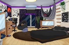 an animated image of a bedroom with a cat sitting on the floor in front of a bed