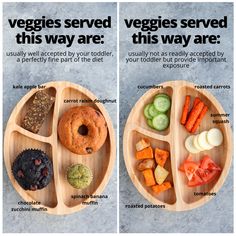 two wooden trays filled with different types of veggies and one has the words, veggies served this way are