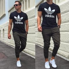 Classic, hip but simple. Joggers, Adidas shoes, Adidas shirt completes this hip cool street style look. Mens Fashion Classic, Adidas Outfit, Adidas Shirt, Shoes Adidas, Sneakers Men Fashion