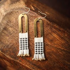 Beaded Handwoven Gingham Earrings (Black) - Mango + Main Bead Earrings Ideas, Stitch Earrings, Brick Stitch Earrings, Gingham Pattern, Earrings Black, Brick Stitch, Women Artisans, Ear Wire, Gold Beads