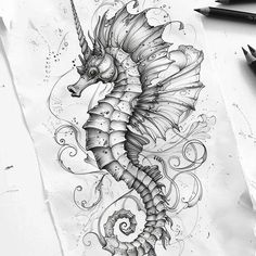 a drawing of a sea horse on paper