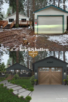 before and after photos of a house in the woods with two garages on each side