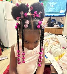 Natural Hair Styles Cornrows For Kids, Kids Christmas Hairstyles Easy, Easy Protective Styles For Kids, Christmas Kids Hairstyles, Valentines Hairstyles For Kids Black, Kids Braided Ponytail With Beads, Kid Natural Hairstyles, Kids Hairstyles Black Natural Hair, Toddler Box Braids