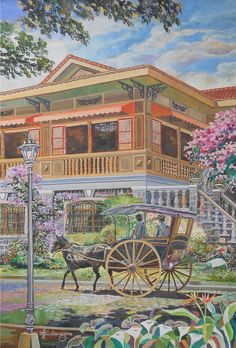 a painting of a horse drawn carriage in front of a house