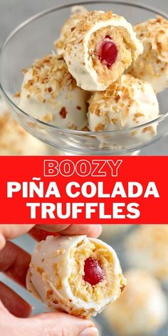 pina colada truffles in a glass bowl with text overlay that reads boozy pina colada truffles