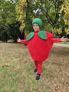 a young boy dressed in an apple costume standing on the grass with his arms out