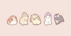 four cute little bunnies with bows on their heads and one bunny in the middle