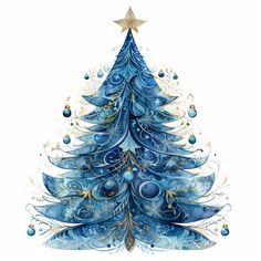 a watercolor christmas tree with blue ornaments and gold stars on it's top