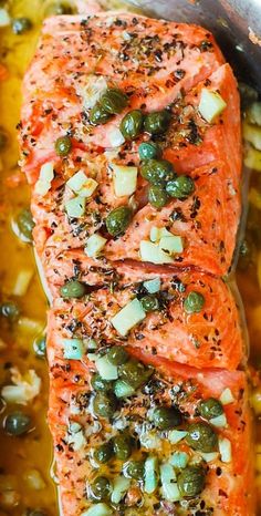 salmon with olives and capers in a bowl