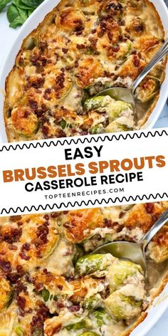 an easy brussel sprouts casserole recipe in a white dish