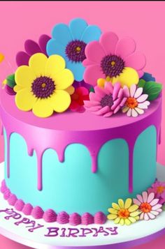 a birthday cake decorated with flowers and icing