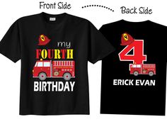 two birthday shirts with the number four and firetruck on them, both printed in black