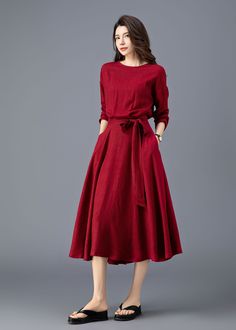 This elegant and versatile midi linen dress features a flattering silhouette with a fitted bodice and a flowing skirt that gracefully drapes around your body. The natural texture of the linen fabric adds depth and character to the dress, while its softness against the skin ensures a delightful wearing experience. ★★FEATURES Linen 55% + Cotton 45% ( Medium Weight，Comfortable, Breathable and Washed Soft fabric) Two side pockets Long sleeve dress Belted Linen dress Right side zipper closure Midi li Solid Color Linen A-line Midi Dress, Knee-length Linen Dress In Solid Color, Chic Linen Midi Dress For Fall, Linen Midi Maxi Dress For Fall, Fall Linen Midi Maxi Dress, Linen Midi Dress For Work In Fall, Midi-length Linen Dress For Fall, Midi Linen Dress For Fall, Fall Linen Midi Dress