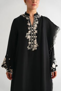 Neerja Elegant Black Lawn Suit With Dabka Work, Elegant Black Lawn Suit With Straight Kurta, Elegant Black Georgette Lawn Suit, Black Lawn Suit With Sheer Dupatta For Wedding, Black Raw Silk Salwar Kameez For Wedding, Black Unstitched Suit With Sheer Dupatta For Eid, Elegant Black Raw Silk Kurta, Elegant Black Georgette Sharara, Black Silk Sets For Eid