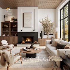 a living room filled with furniture and a fire place in the middle of a room