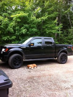 a large black truck parked on top of a gravel road next to trees and bushes