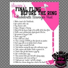 a pink and white poster with the words final fling before the ring bachelor scavenger hunt