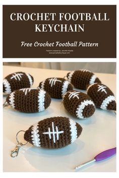 crochet football keychain is shown on a table with the words, free crochet football pattern