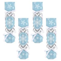 six snowflake gift tags with white ribbons