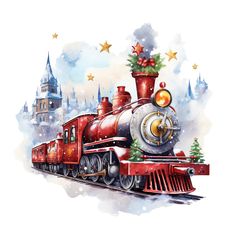 a red train with a christmas tree on the front